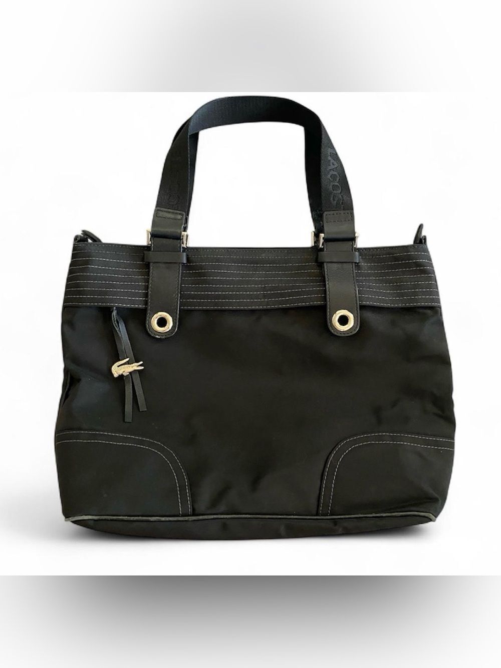 Lacoste Vintage Nylon Tote Bag Black Silver Hardware Horizontal Shopper